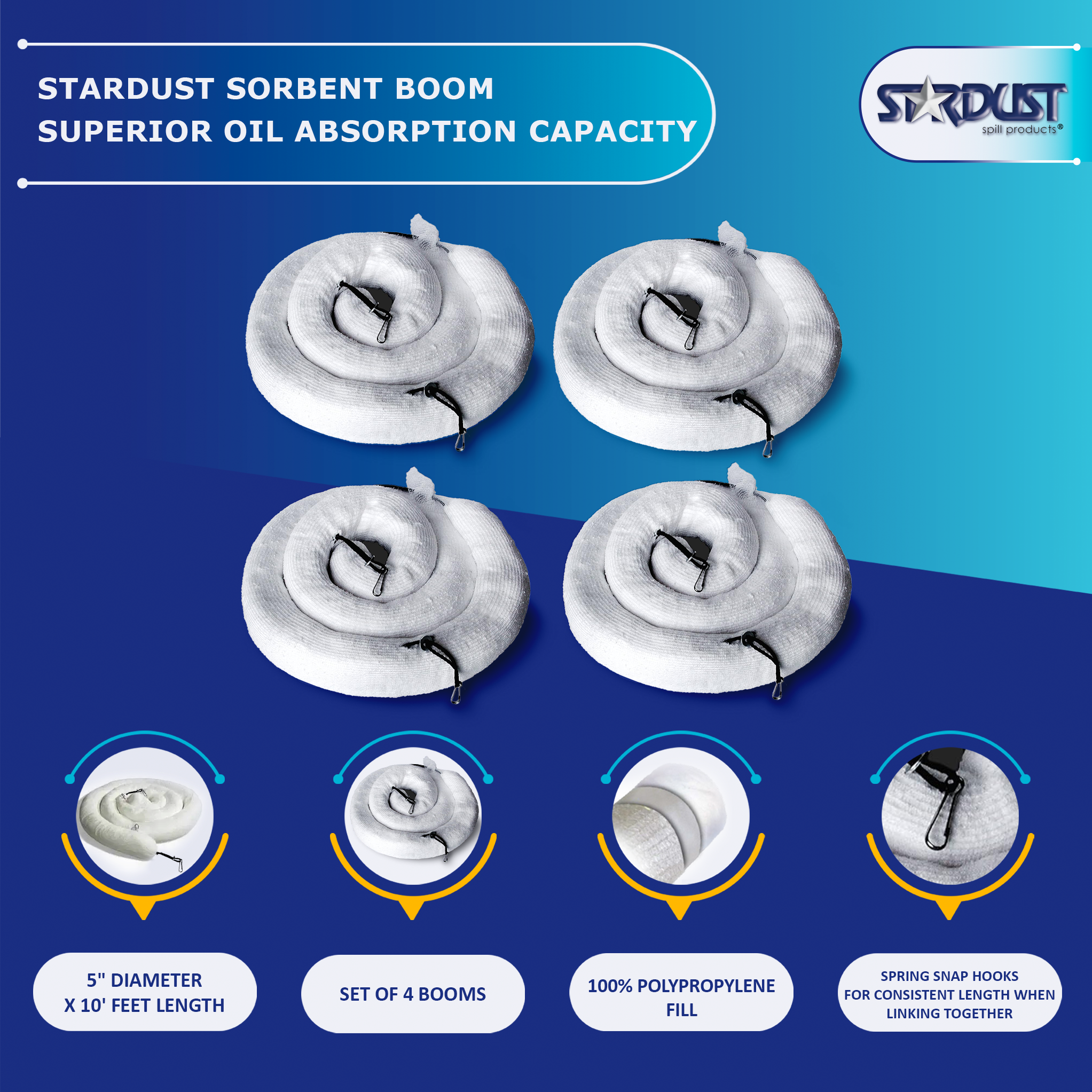 STARDUST Oil-Only Sorbent Boom 5"x10' (Part No. 4ECWBM5)