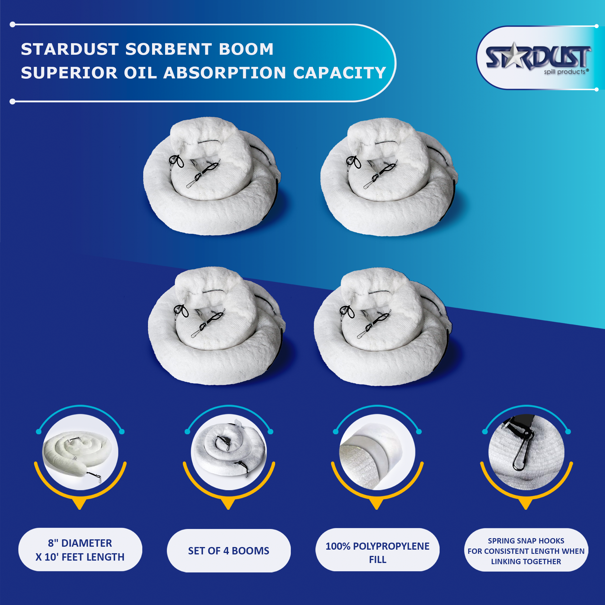 STARDUST Oil-Only Sorbent Boom 8"x10' (Part No. 4ECWBM8)